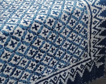 Colcha Kantha azul índigo: Colcha de algodón hecha a mano tamaño king
