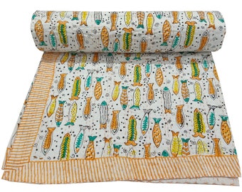 Fish Print Kantha Quilt: Hand Block Print Cotton Bedspread