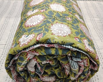 Handmade Block Print Cotton Quilt, Floral Green Bedspread, Queen Size