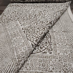 Gray Floral Hand Block Print Kantha Quilt - Handmade Cotton Bedspread