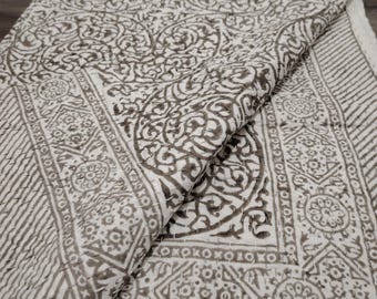 Hand Block Print Kantha Quilt: Gray Cotton Bedspread Indian Handmade Bed Cover