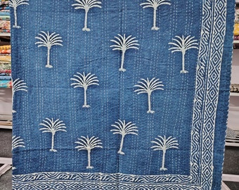 Courtepointe kantha indigo bleu fait main couvre-lit kantha jeté en coton indien imprimé bloc kantha bleu couette kantha fait main Queen