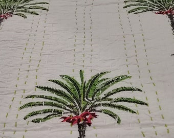 Palmträd Kantha-täcke | Handgjort bomullsöverkast | Tropisk boho-filt