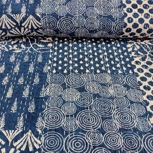 Handmade Indigo Kantha Quilt: Indian Cotton Patchwork Bedspread - King Size