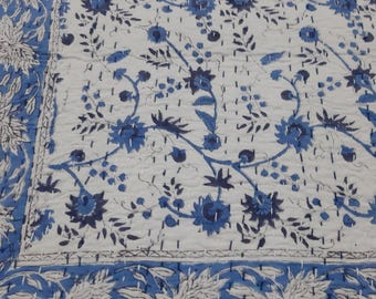 Blue Floral Kantha Quilt: Handmade Indian Cotton Bedspread King/Queen/Twin Hand Block Quilt
