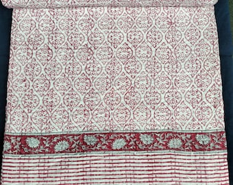 Indian Handmade Pink Kantha Quilt Block Print Cotton Bedspread Reversible Throw Blanket