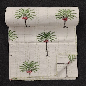 Palm Tree Kantha Quilt: Indian Cotton Bedspread, Twin/Queen/King