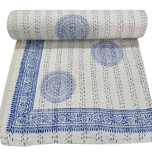 Floral Print Kantha Quilt: Handmade Indian Cotton Bedspread
