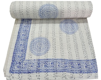 King Size Floral Kantha Quilt: Handmade Indian Cotton Bedspread