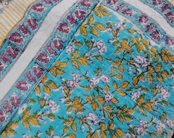 Hand Block Print Kantha Quilt: Indian Cotton Bedspread, Floral Blanket