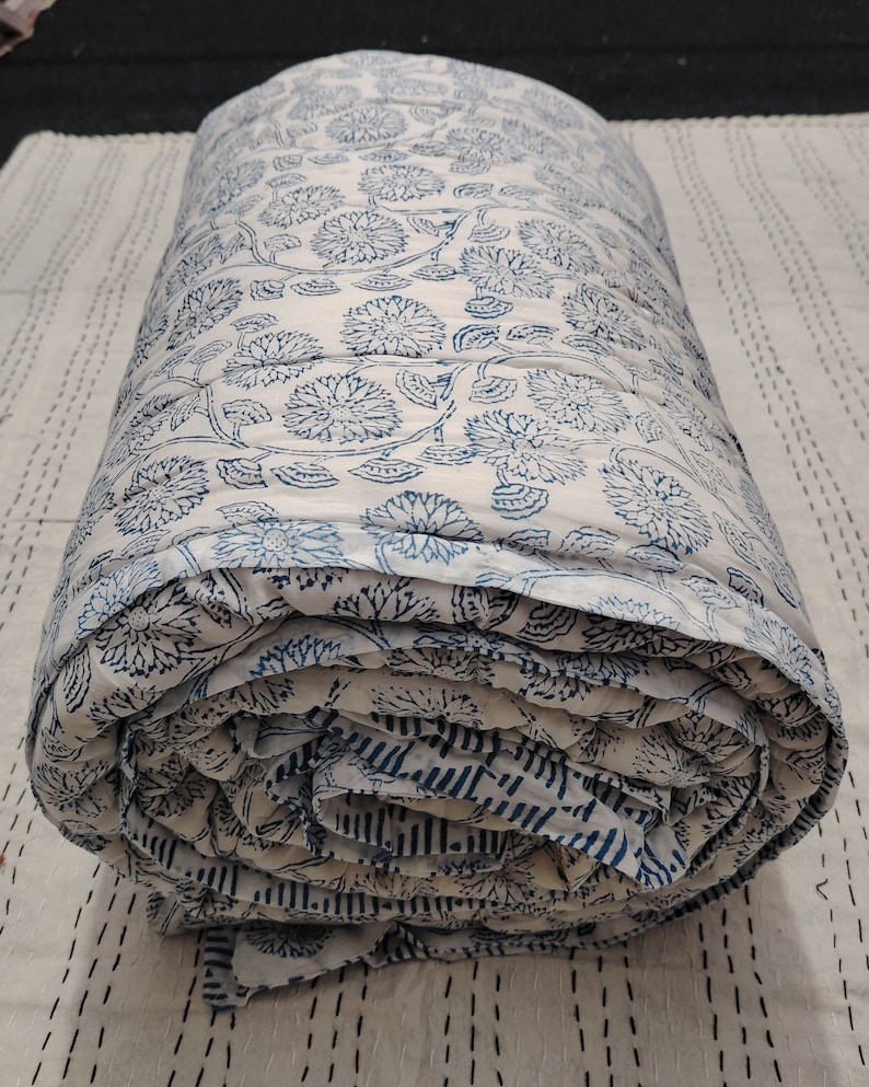 Indian Reversible Blue Quilts, Jaipuri Rajai, Soft Quilt, Hand Block
