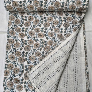 Gray Floral Kantha Quilt: Hand Block Print Reversible Cotton Bedspread