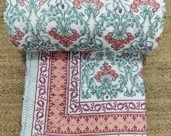 Indische Jaipuri Block Print Quilt Gedruckt Reversible Razii Baumwolle Handgefertigte Blumenquilt, Jaipuri razai, Tagesdecke Tröster