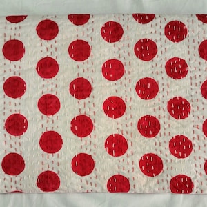 Handmade Red Kantha Quilt: Indian Block Print Cotton Bedspread