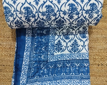Blau Weiß Quilt, Quilt 100% Baumwolle, Reversible Handmade Quilt, Jaipur Mazedonien, Decken, Bettwäsche werfen, Kantha Quilt, Indian Quilt King Size
