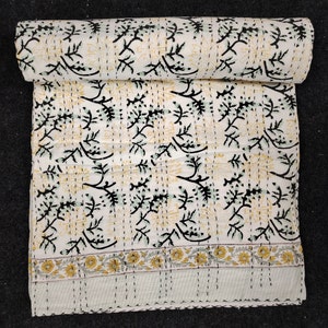 Hand Block Floral Print Kantha Quilt: Indian Cotton Bedspread
