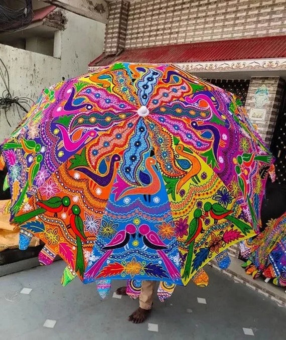 Handmade Embroidered Cotton Multi Colored Parasol: Bohemian Garden Umbrella