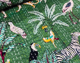Handmade Green Floral Kantha Quilt: Indian Cotton Bedspread - King Size