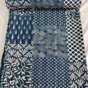 Indigo Block Print Kantha Quilt: Bohemian Patchwork Cotton Bedspread