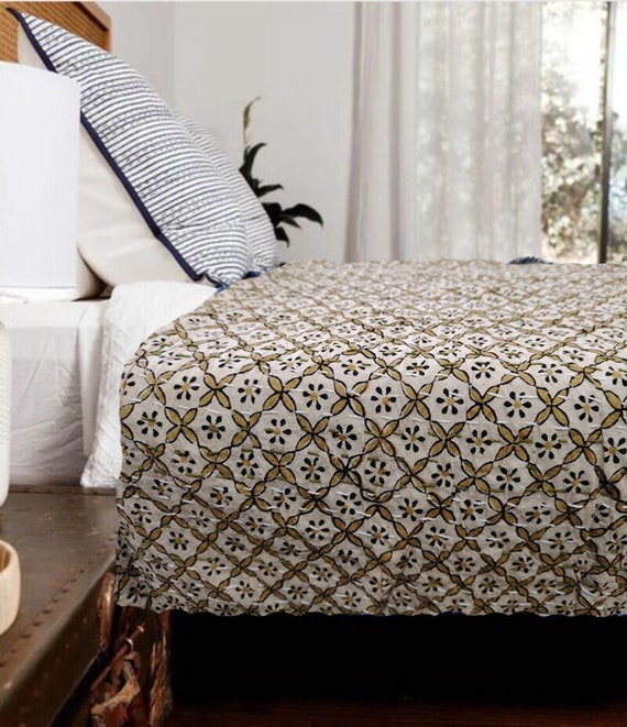 Kantha Quilt - Yellow Floral Block Print Cotton Blanket - Indian Boho Bedspread - Reversible Vintage Kantha Bed Throw Yellow Green Handmade