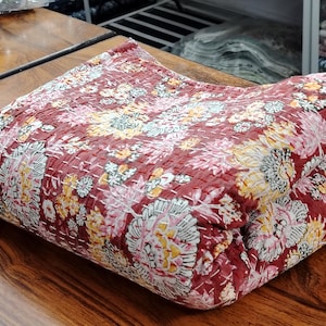 Floral Kantha Quilt: Indian Cotton Boho Bedspread, King Size