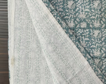 Handmade Block Print Green Kantha Bedspread Indian Bedding Cover Queen Quilt Throw Cotton Blanket boho Housewarming Gifts