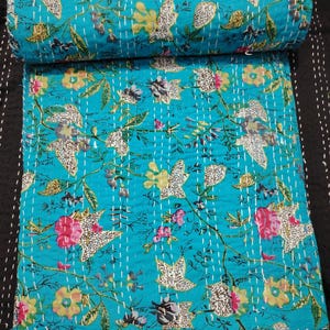 Indian Floral Kantha Quilt: Handmade Turquoise Cotton Bedspread