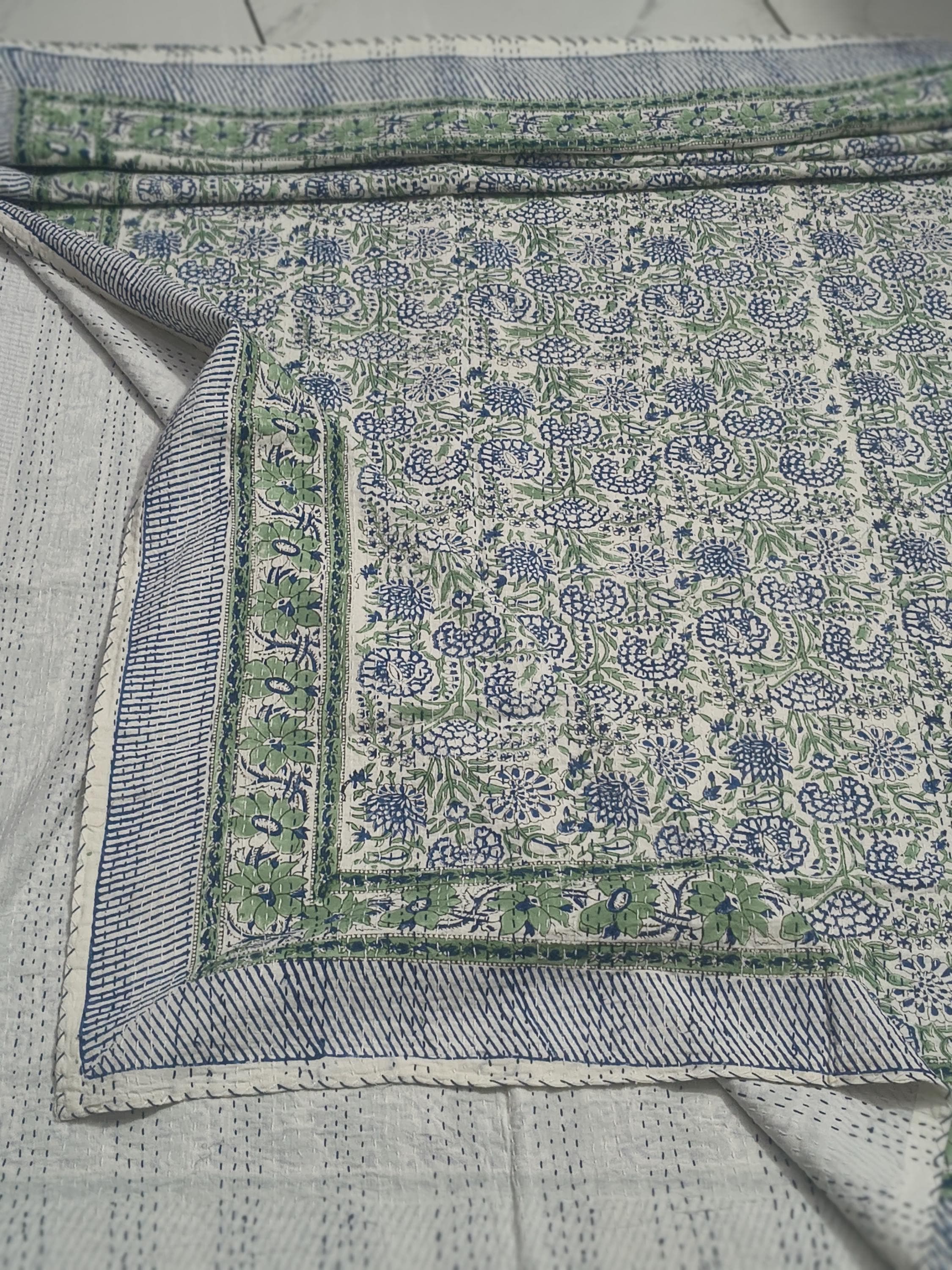 Handmade Queen Kantha Quilt – Blue Green Floral Print, Reversible Boho ...