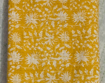 Yellow Floral Print Kantha Quilt, Hand-Stitched Cotton Reversible King Size Bedspread