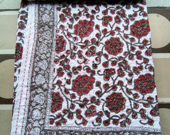 Edredón Kantha con estampado floral hecho a mano, tamaño king, colcha de algodón con estampado de bloques