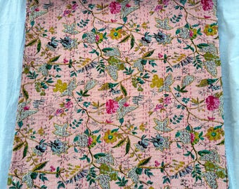Rosa Block Print Kantha Quilt Handgemachte Baumwolle Tagesdecke Reversible Indianer werfen