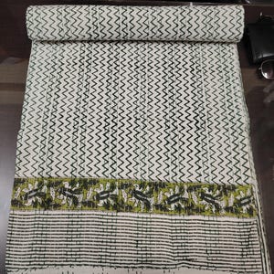 Hand Block Printed Cotton Kantha Quilt: Bohemian Bedspread