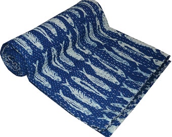 Blue Indigo Fish Quilt Handmade , King Size Quilt, Queen Size Quilt, King Size Comforter, Indian Blanket, Indian Handmade, Indian Bedspread