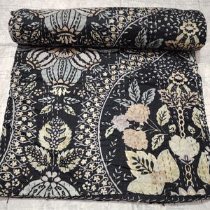 Floral Print Kantha Quilt: Handmade Indian Cotton Bedspread