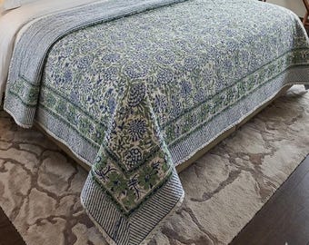 Handmade Queen Kantha Quilt – Blue Green Floral Print, Reversible Boho Bedspread