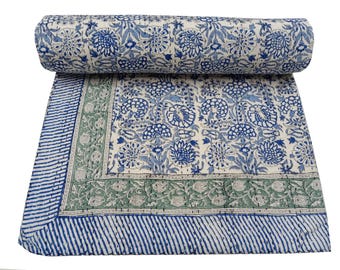 Blue Floral Kantha Quilt: Handmade Indian Cotton Bedspread King/Queen/Twin Hand Block Quilt
