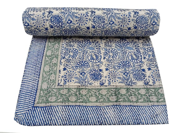 Blue Floral Kantha Quilt: Handmade Indian Cotton Bedspread King/Queen/Twin Hand Block Quilt