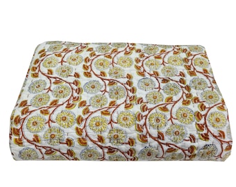 Yellow Kitty Floral Hand Block Printed King Size Cotton Quilt: Reversible Bedding Razai