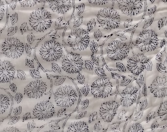 Blue Floral Hand Block Print Quilt: Reversible Cotton Indian Blanket