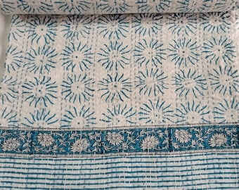Floral Kantha Quilt: Turquoise Handmade Cotton Bed Cover