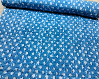 Blue Buti Print Kantha Quilt: Handmade Indian Cotton Bedspread