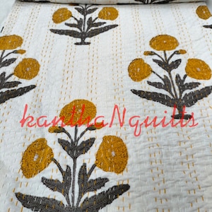 Yellow Floral Hand Block Print Kantha Quilt Indian Kantha Quilt Kantha Bedcover Cotton Blanket Gudari Twin Queen King Super King Size Quilt