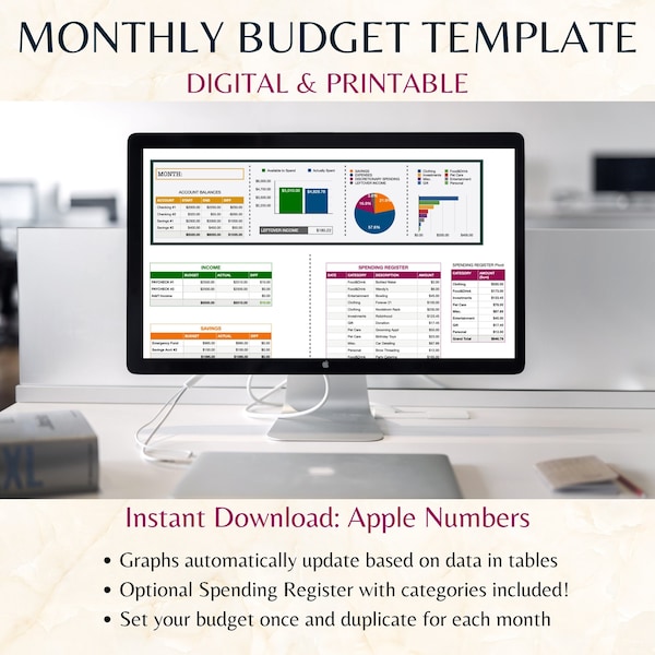 Simple Monthly Budget Template in Apple Numbers | Digital & Printable | Money Tracker Spreadsheet | Finance Planner | Spending Register Tool