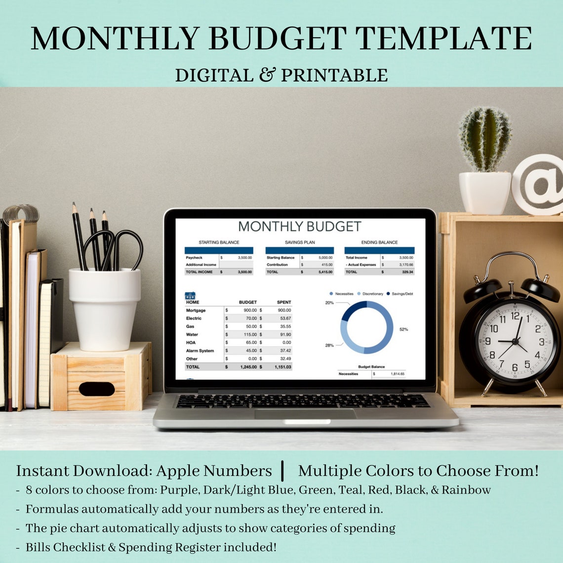 Monthly Budget Template in Apple Numbers digital & Printable Etsy