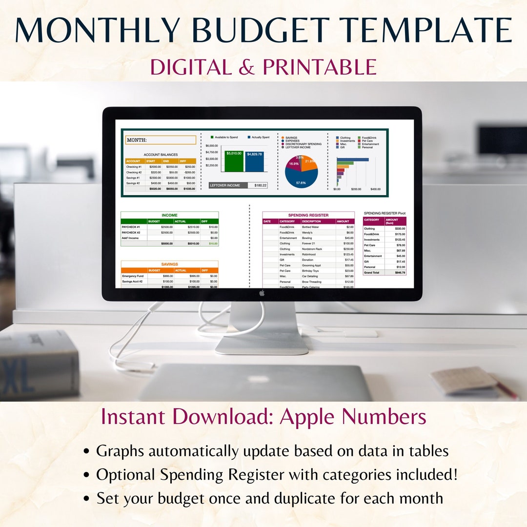 Simple Monthly Budget Template in Apple Numbers (Instant Download) Etsy