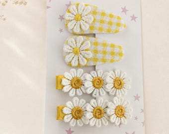 Daisy Hair Clip Set 4 pcs: Yellow Flower Snap Clips & Alligator Clips, Summer Cute Hair Accessroies