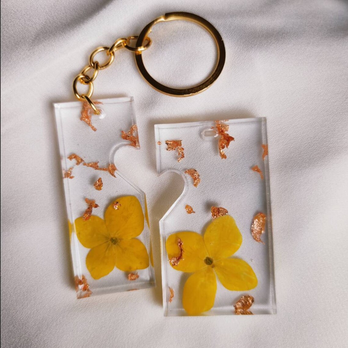 TWO epoxy resin keychain with yellow flowers & rose gold leaf Etsy