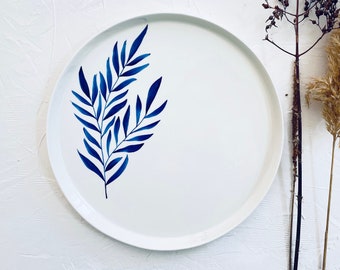 leaf painted plate _ deep blue flower plate_ handpainted dinnerware _ housewarming gift _ serving dish _ handmade dish _ deep blue plates