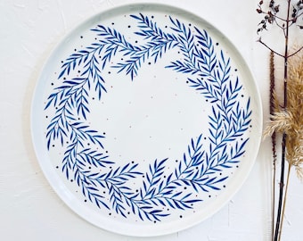 porcelain plate with blue flower , handmade porcelain , handpainted plates ,  handmade pottery , plates for dining , porcelain plate