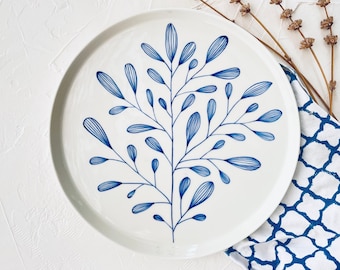 blue floral ceramics - floral dinnerware - flowers on plate - housewarming gift - handmade pottery - modern plates - indigo dish